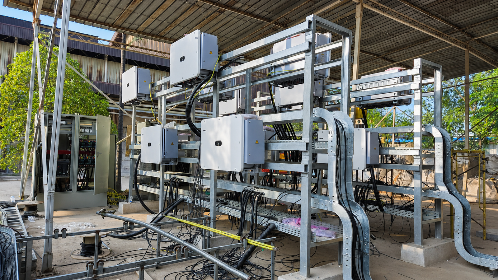 Rangkaian inverter PLTS terpasang pada rak instalasi